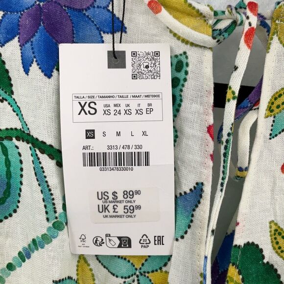 NWT Zara Multicolor Floral Linen Blend 3/4 Sleeves Knotted Maxi Dress Size XS - Picture 9 of 13